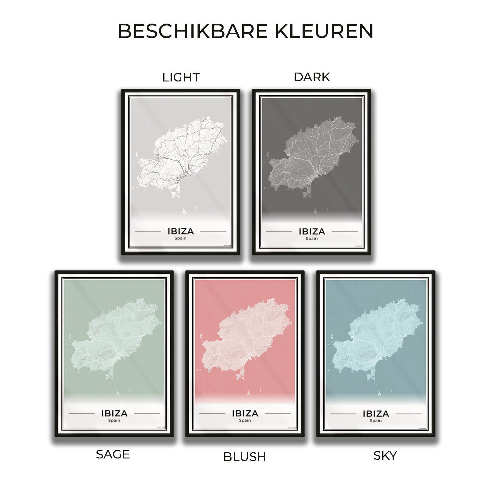 Poster Ibiza eilandkaart als wanddecoratie in 5 Kleuren verkrijgbaar Algemeen