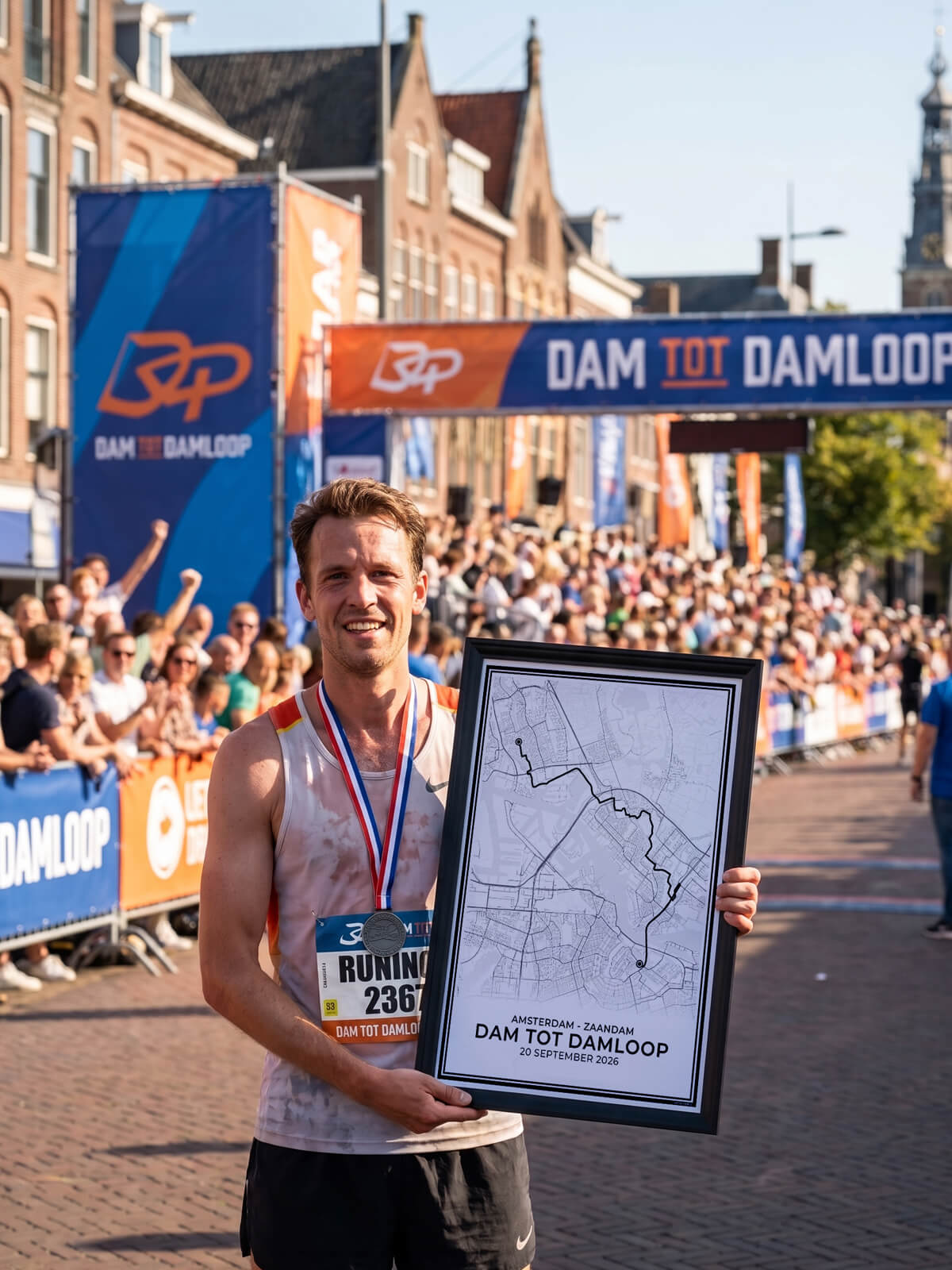 Hardloopposter route dam tot damloop 2026 ingelijst bij finishlijn algemeen