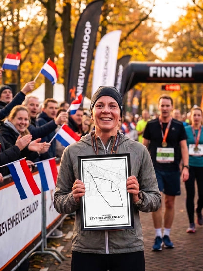 Route zevenheuvelenloop 2026 hardloopposter ingelijst bij finish als cadeau algemeen