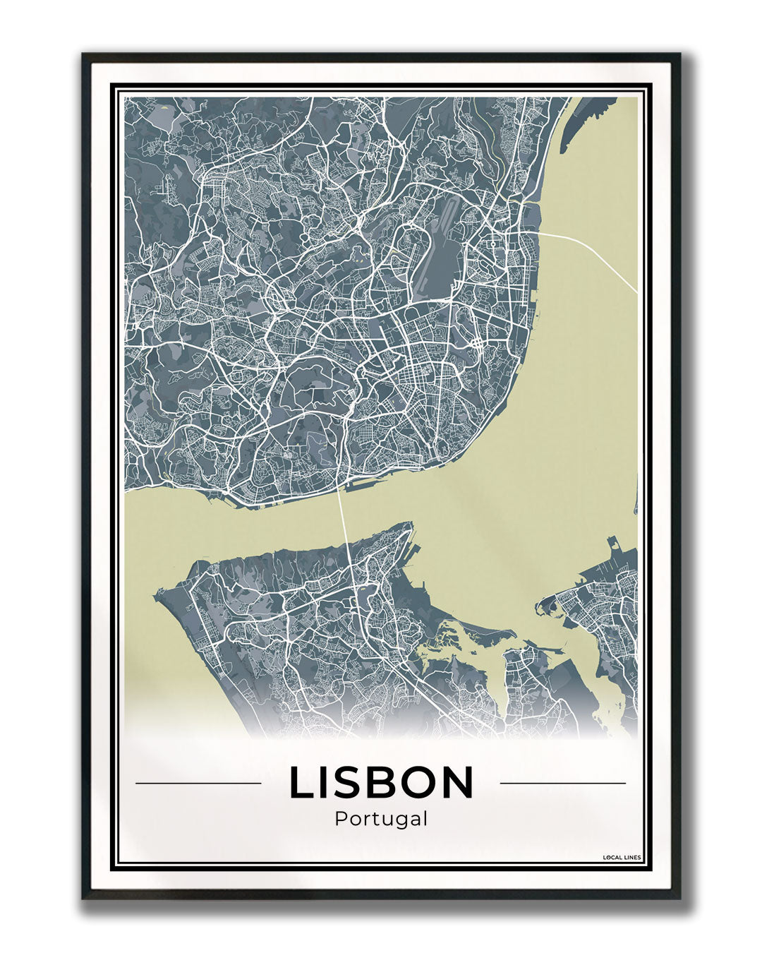 Lissabon Stadskaart – Poster - Midnight ingelijst
