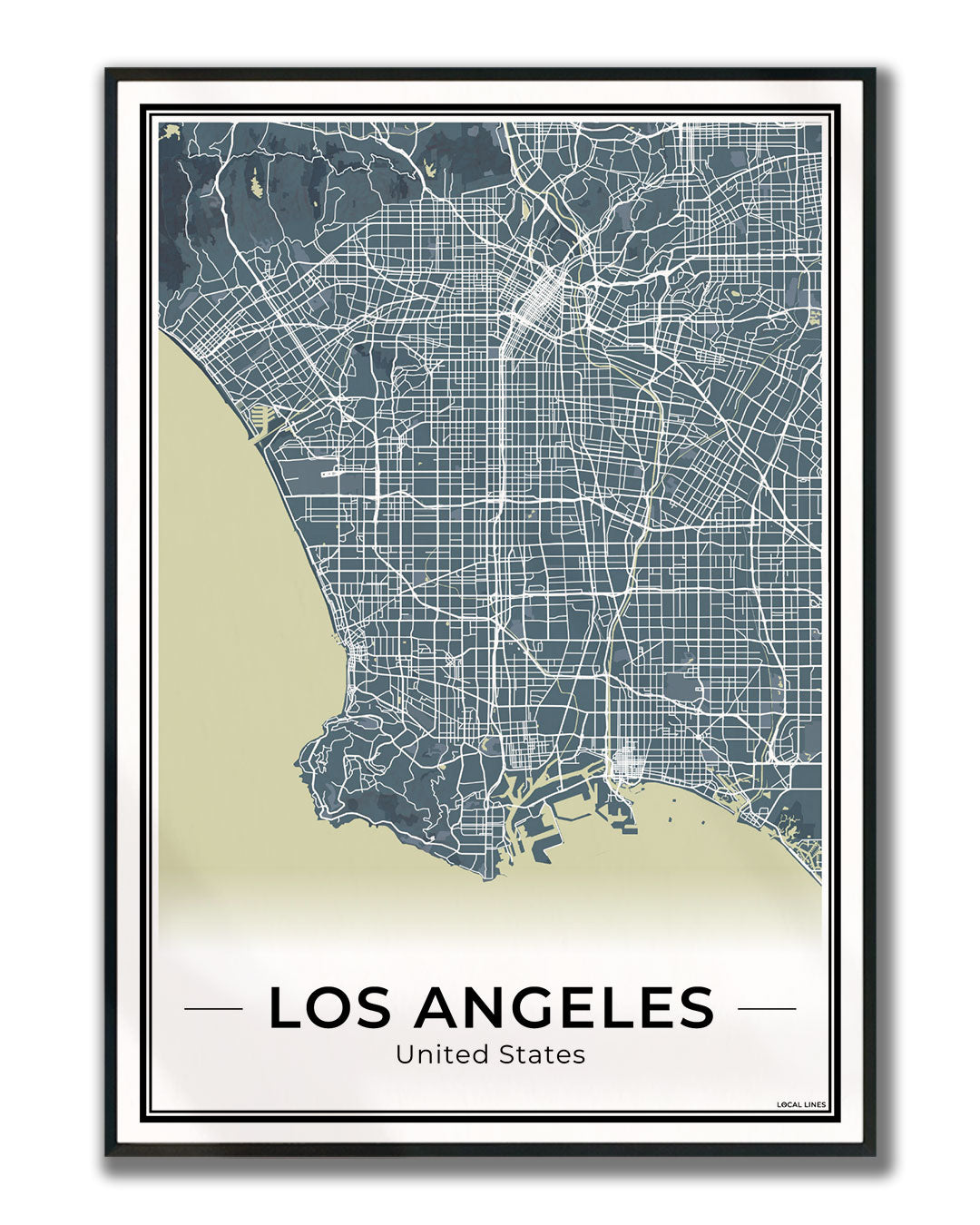 Los Angeles Stadskaart – Poster - Midnight ingelijst
