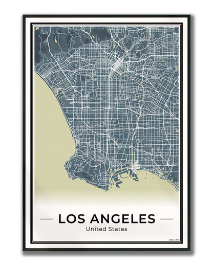 Los Angeles Stadskaart – Poster - Midnight ingelijst