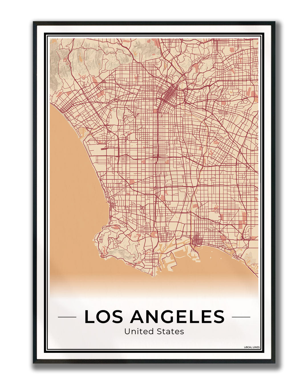 Los Angeles Stadskaart – Poster - Terracotta ingelijst