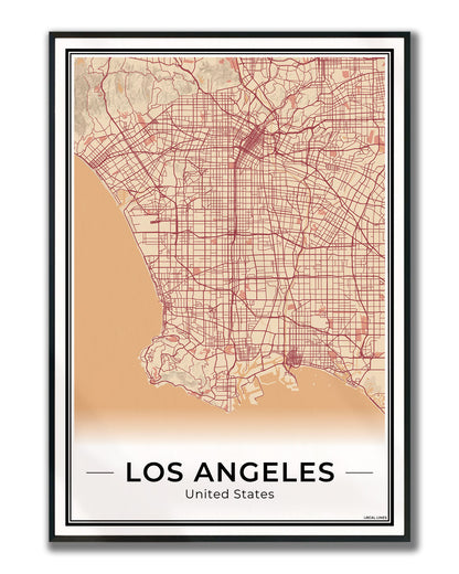 Los Angeles Stadskaart – Poster - Terracotta ingelijst