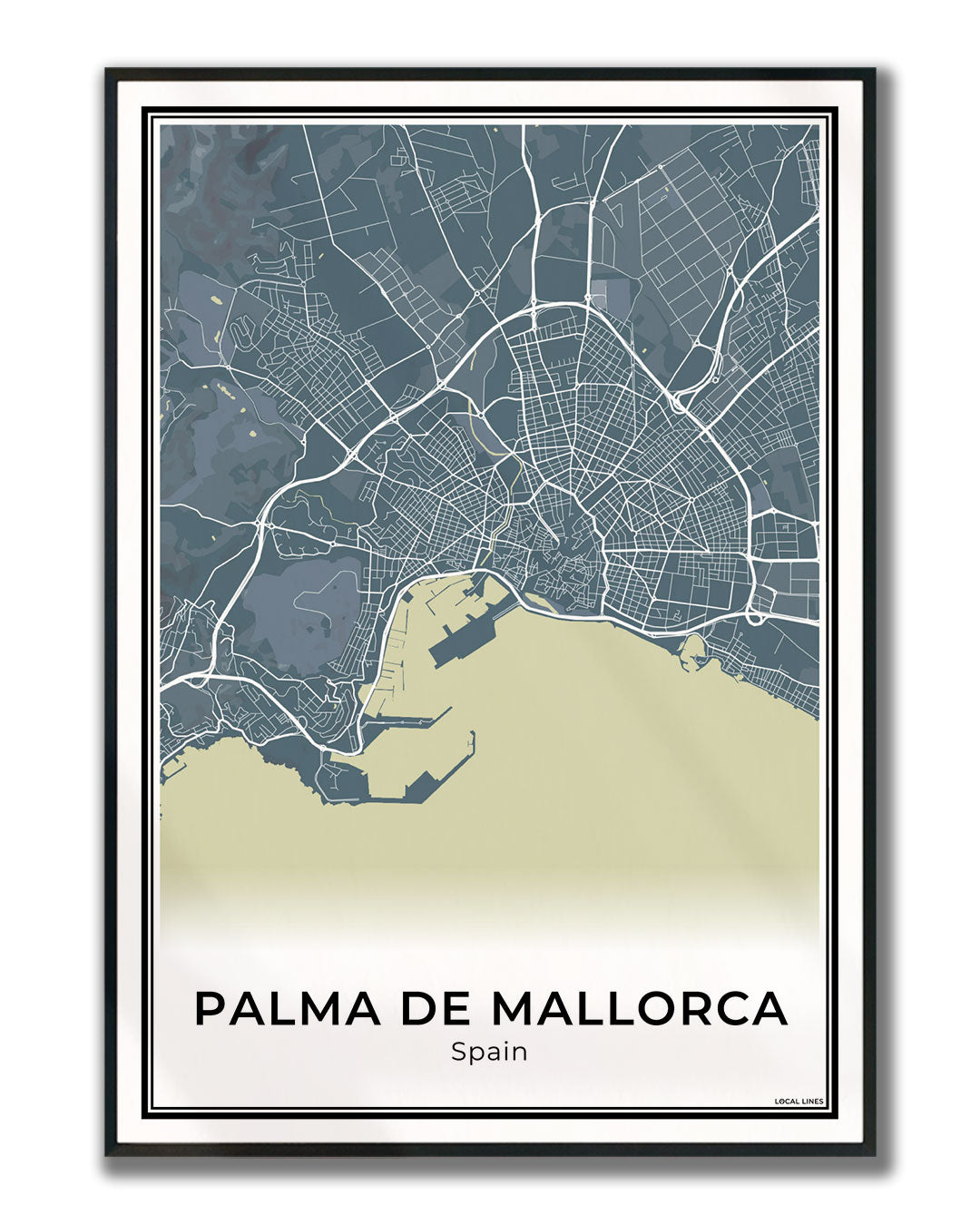 Palma de Mallorca Stadskaart – Poster - Midnight ingelijst