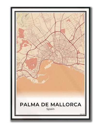 Palma de Mallorca Stadskaart – Poster - Terracotta ingelijst