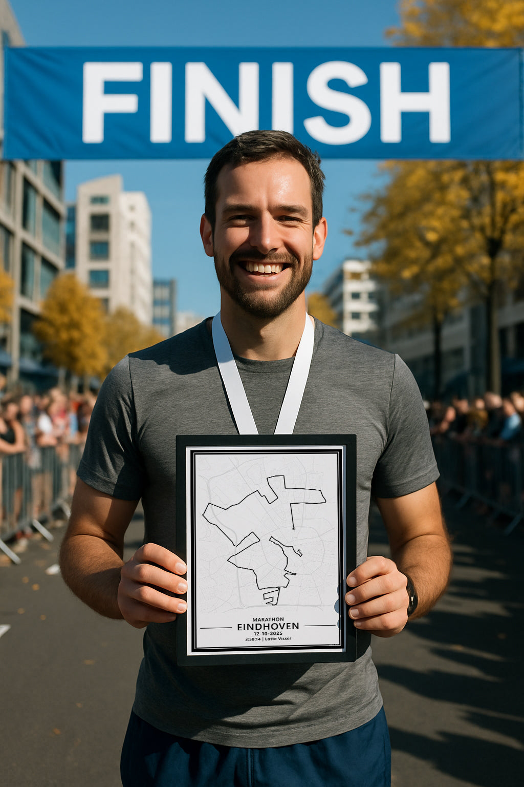 man bij Marathon Eindhoven met hardloopposter als kado voor hardlopers