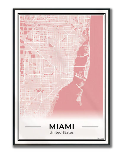 Miami Stadskaart – Poster - Blush ingelijst