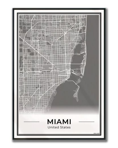 Miami Stadskaart – Poster - Dark ingelijst