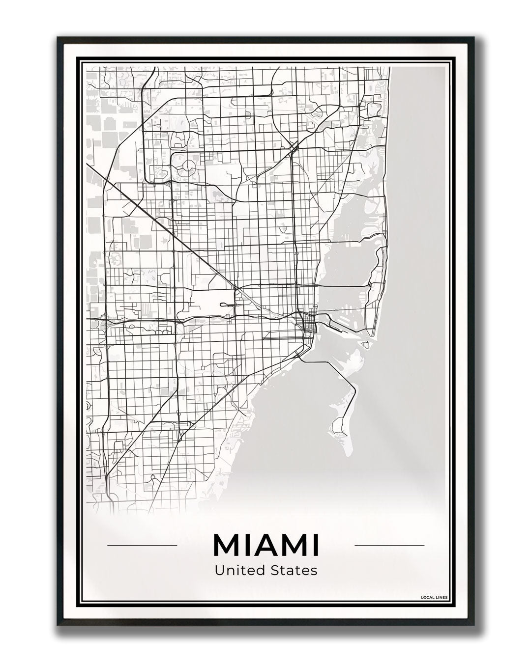 Miami Stadskaart – Poster - Light ingelijst
