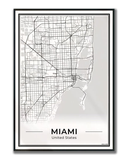 Miami Stadskaart – Poster - Light ingelijst