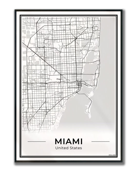 Miami Stadskaart – Poster - Light ingelijst