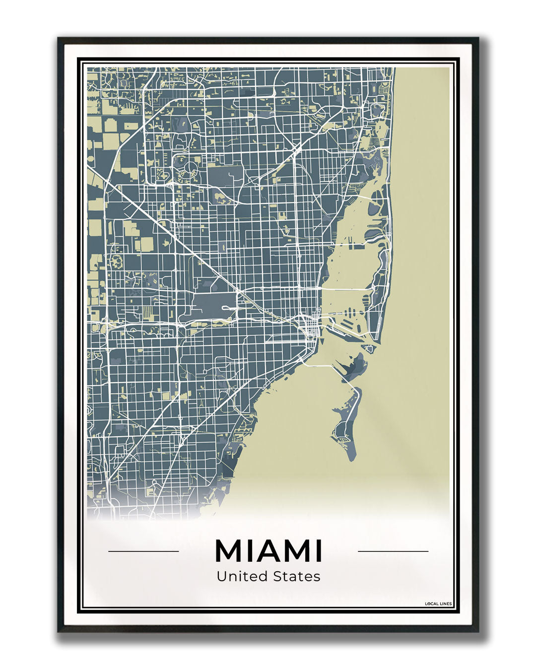 Miami Stadskaart – Poster - Midnight ingelijst