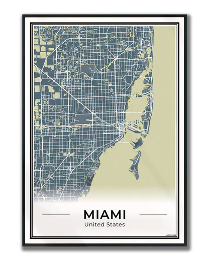 Miami Stadskaart – Poster - Midnight ingelijst