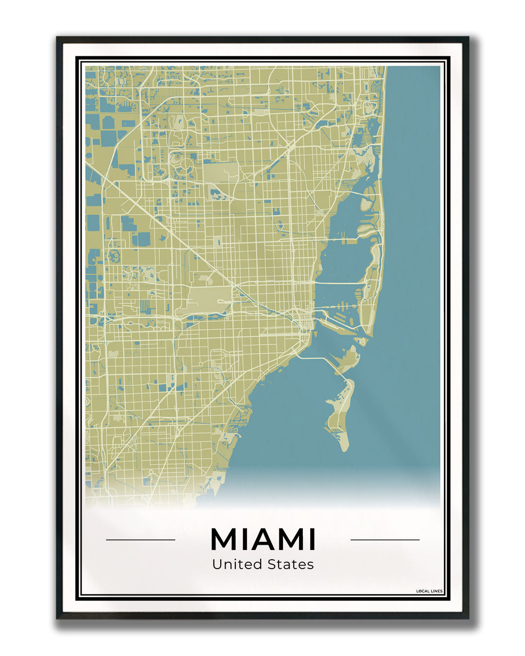 Miami Stadskaart – Poster - Moss ingelijst