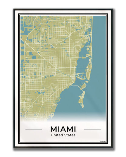 Miami Stadskaart – Poster - Moss ingelijst