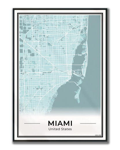 Miami Stadskaart – Poster - Sky ingelijst