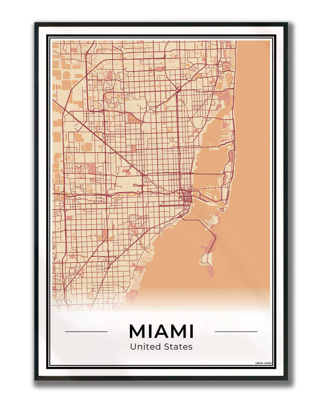 Miami Stadskaart – Poster - Terracotta ingelijst
