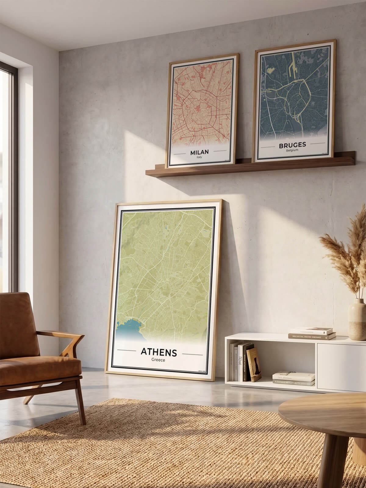 Athene Stadskaart – Poster - Drie posters in een woonkamer