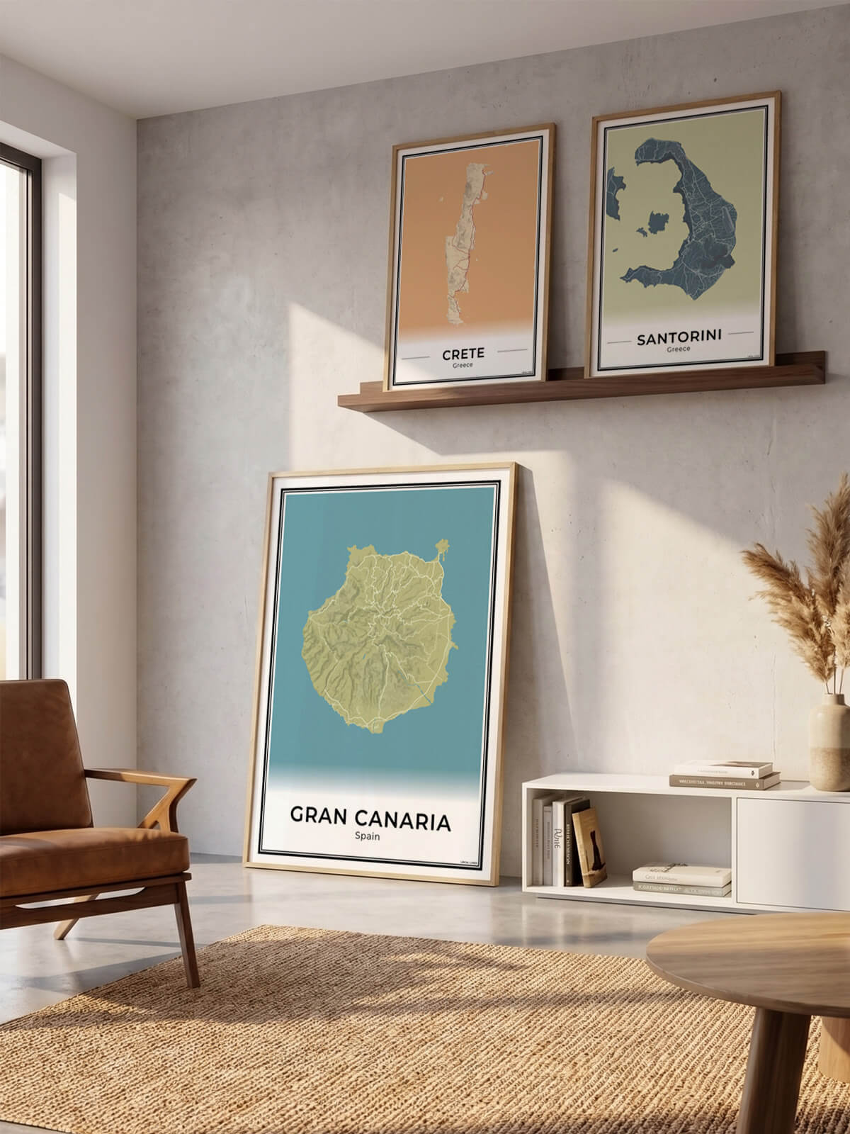 Gran Canaria Eilandkaart – Poster - Drie posters in een woonkamer