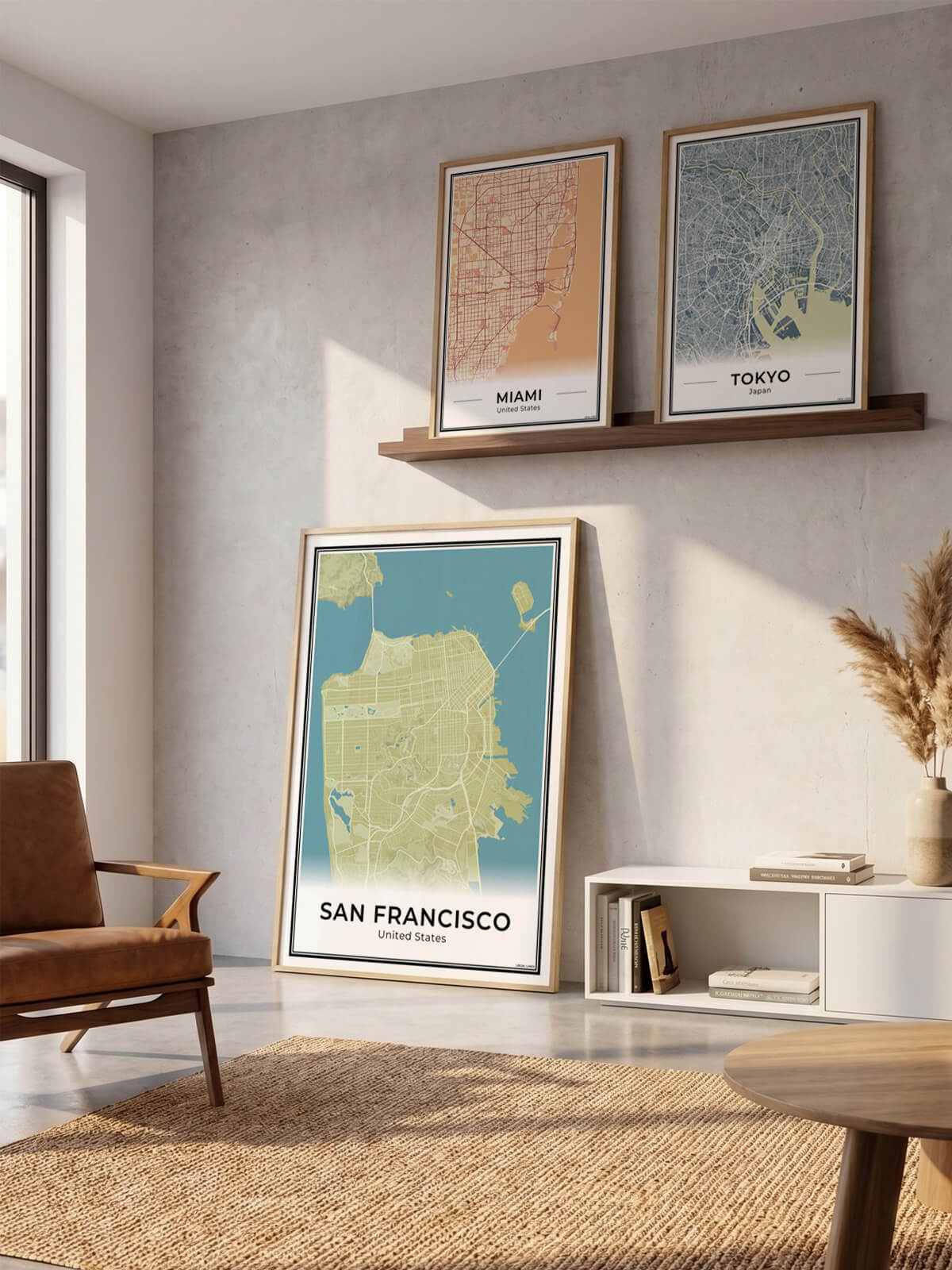 San Francisco Stadskaart – Poster - Drie posters in een woonkamer
