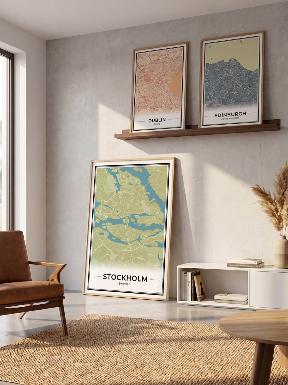 Stockholm Stadskaart – Poster - Drie posters in een woonkamer