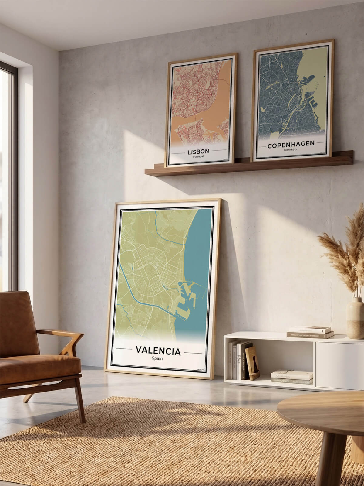 Valencia Stadskaart – Poster - Drie posters in een woonkamer