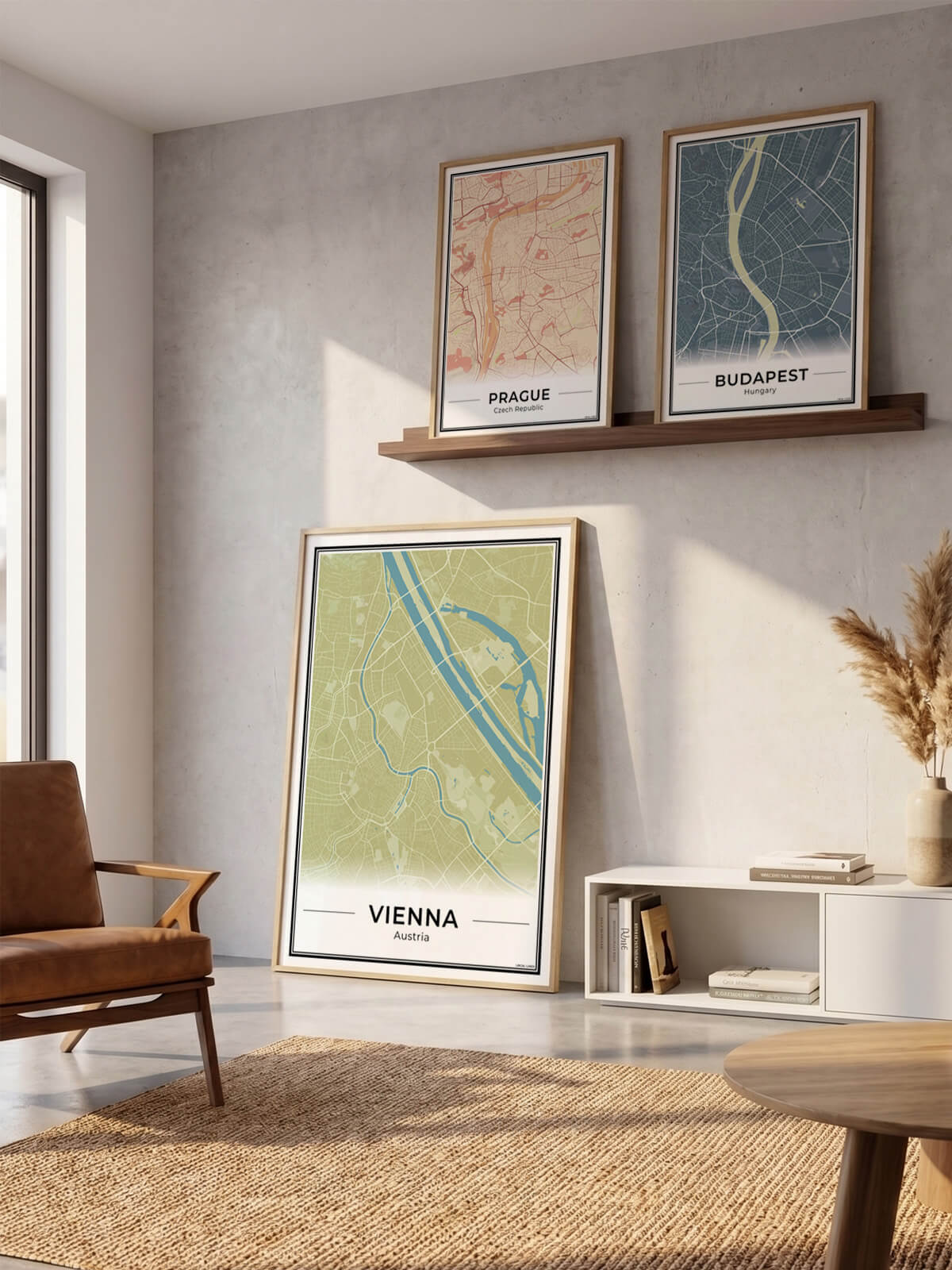 Wenen Stadskaart – Poster - Drie posters in een woonkamer