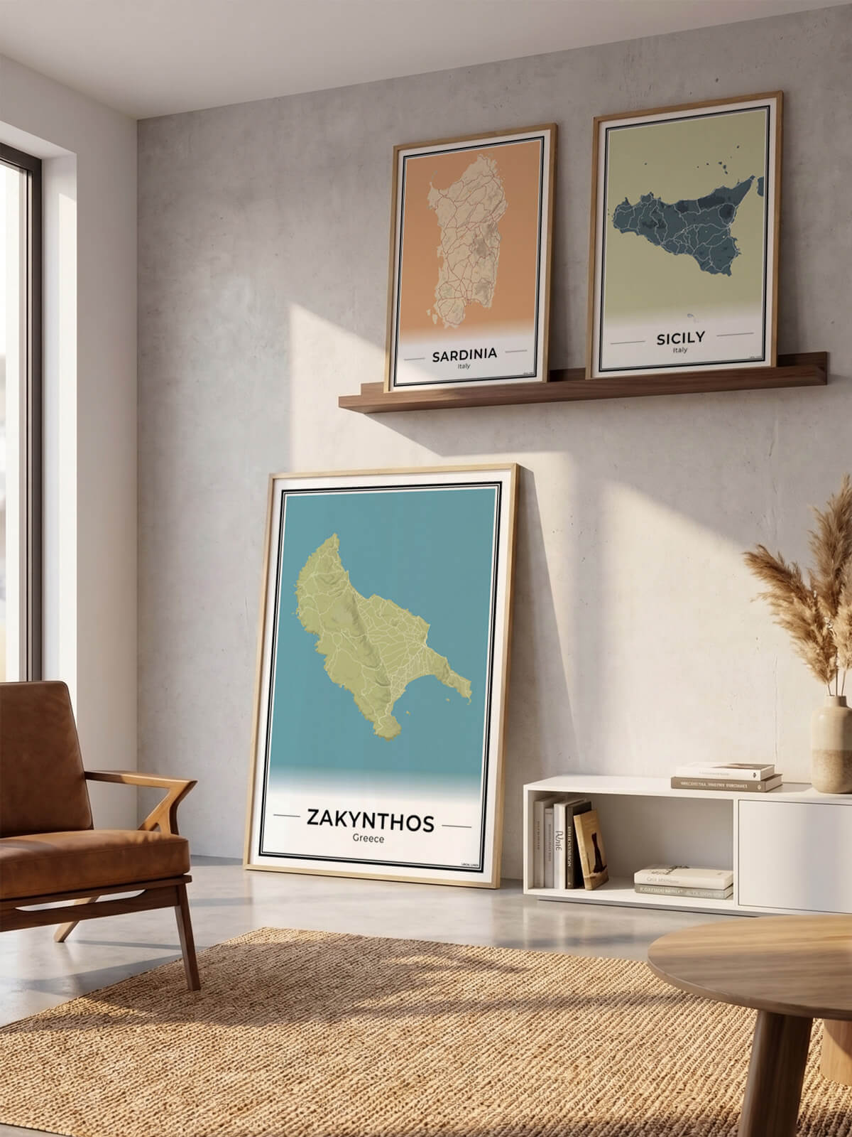 Zakynthos Eilandkaart – Poster - Drie posters in een woonkamer