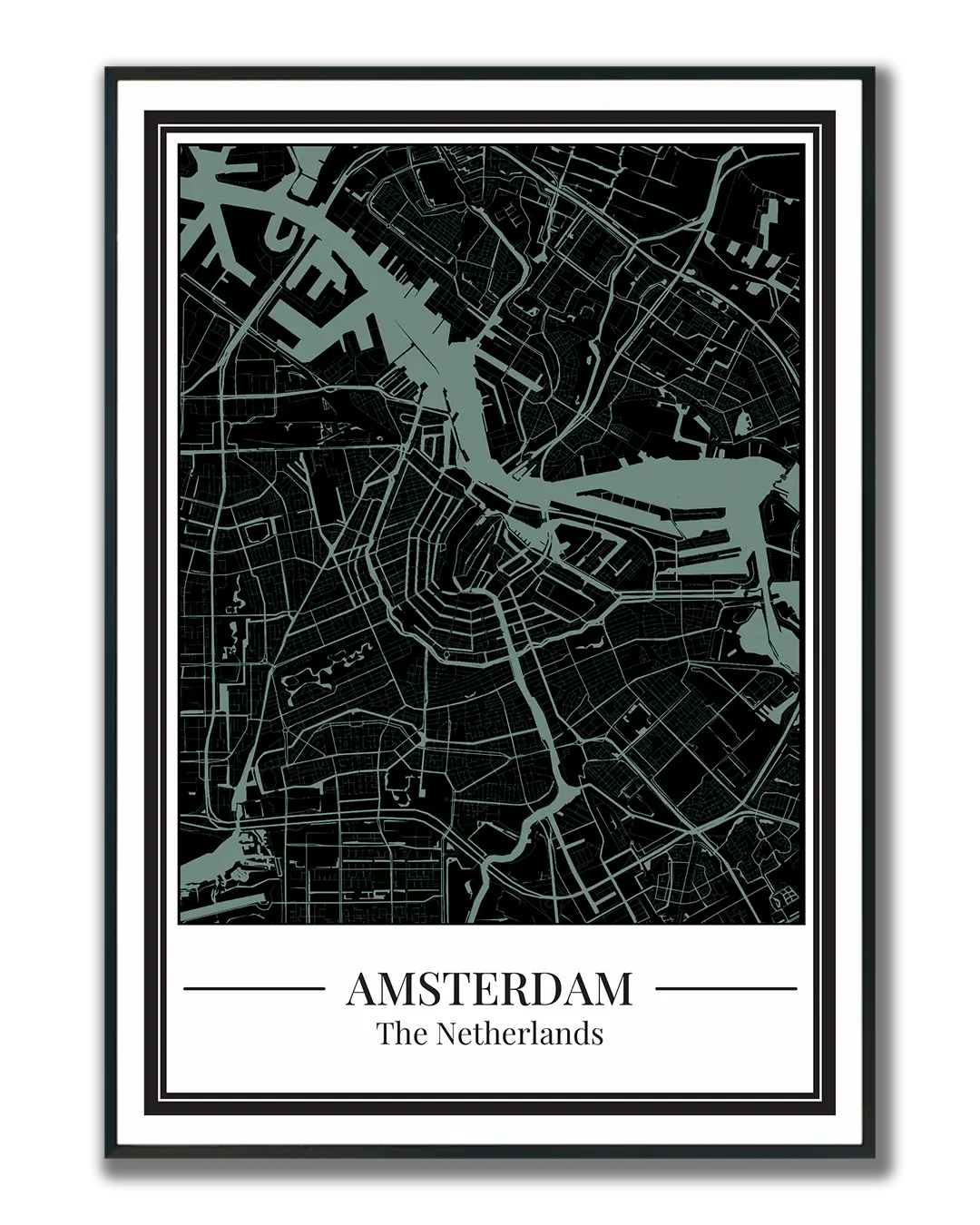Poster Amsterdam van Stadskaart decoratie zwart met blauw