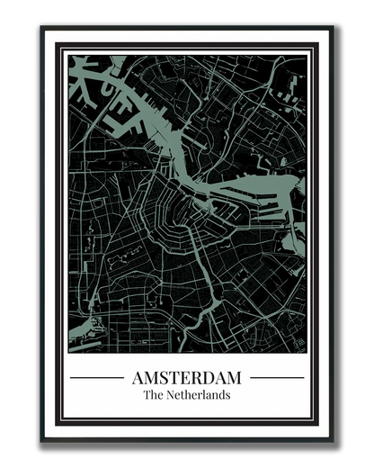 Poster Amsterdam van Stadskaart decoratie zwart met blauw