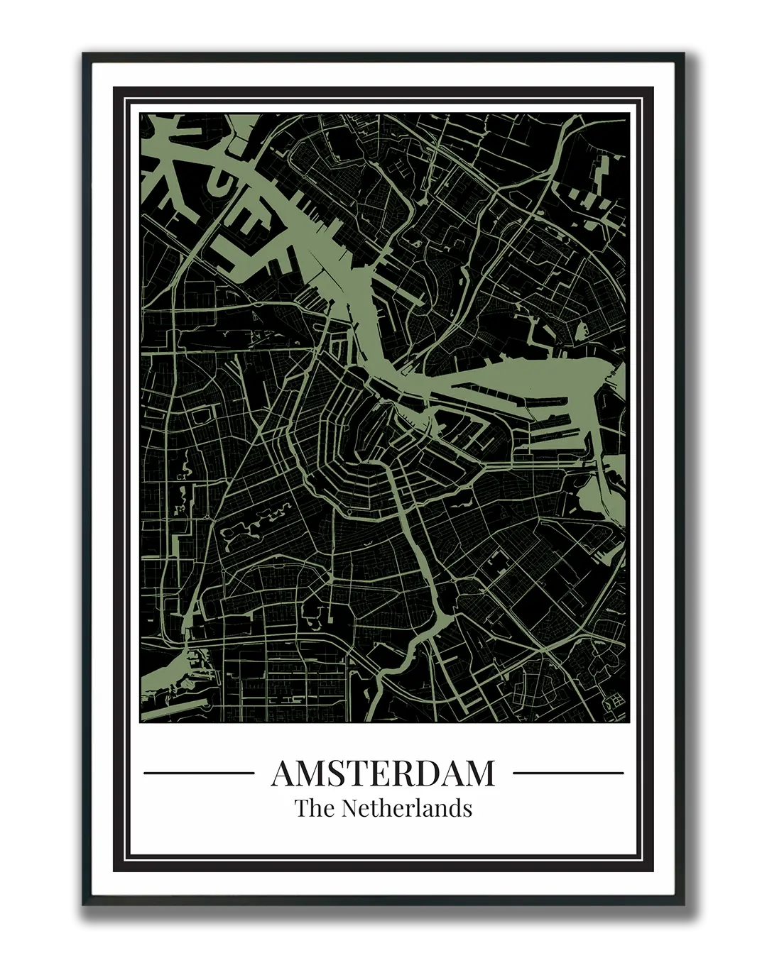 Poster Amsterdam van Stadskaart decoratie zwart met groen