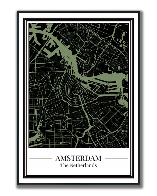 Poster Amsterdam van Stadskaart decoratie zwart met groen