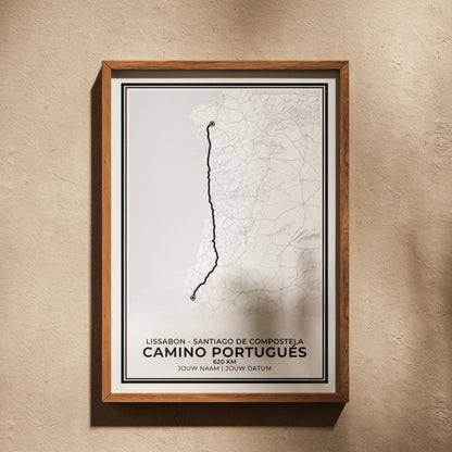 Camino Portugués ingelijst wandelposter Santiago de Compostela geschikt als cadeau voor wandelaars