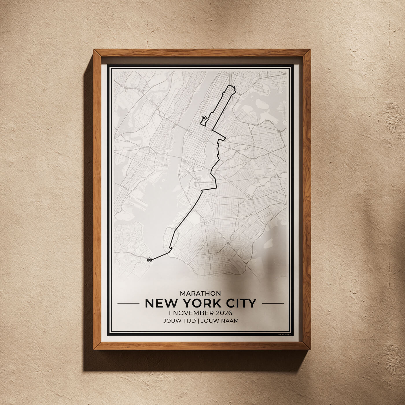 Marathon New York City hardloopposter ingelijst in woonkamer interieur