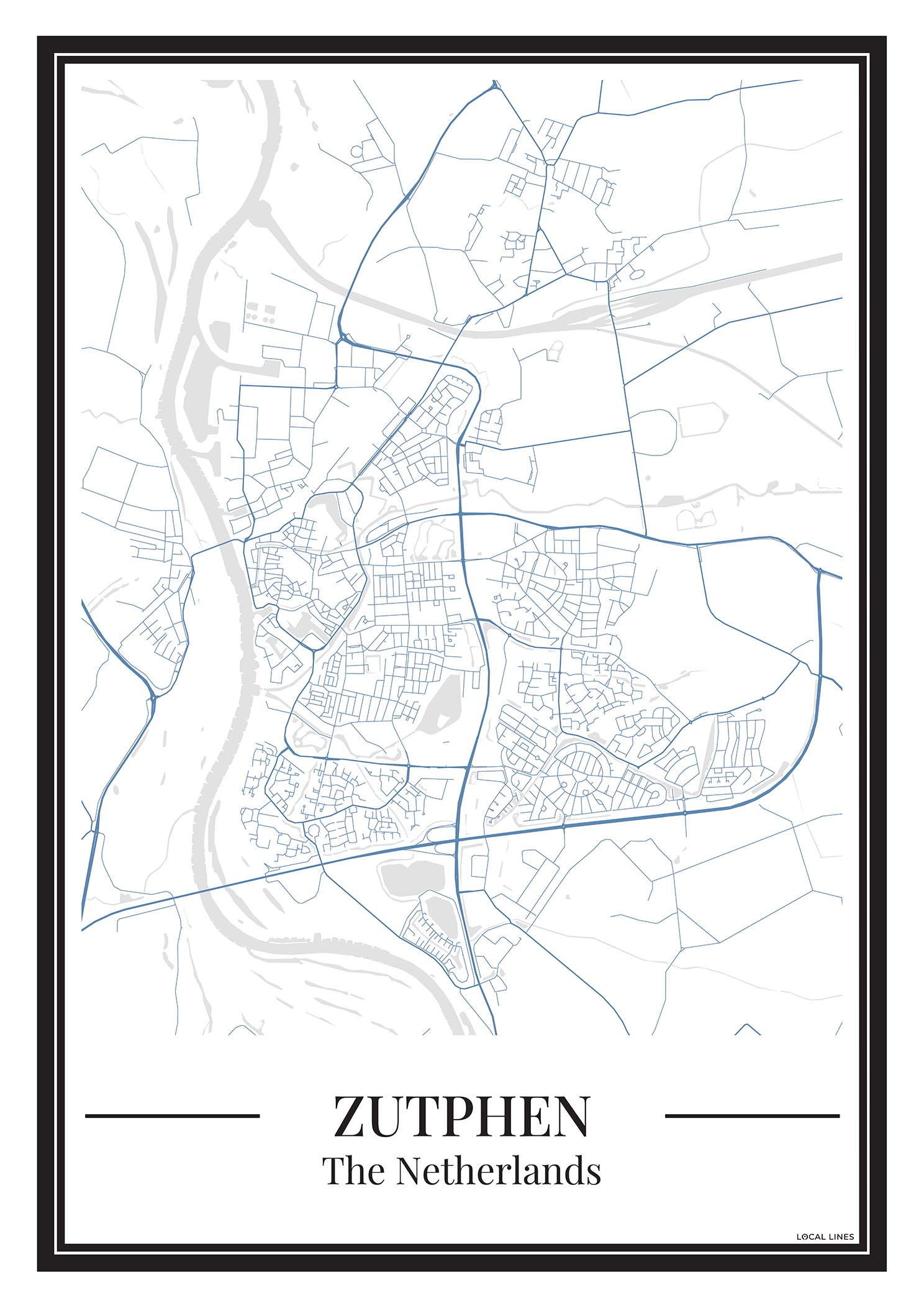 Poster van Zutphen Kopen | Stad Plattegrond in Kleur Blauw