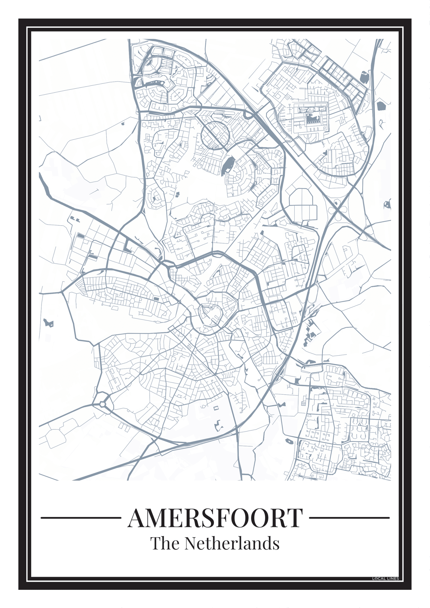 Poster van Amersfoort met stadskaart in blauwe kleur