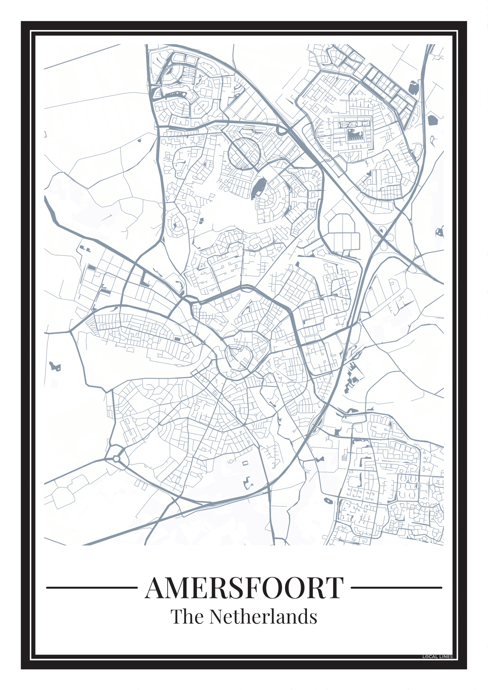 Poster van Amersfoort met stadskaart in blauwe kleur