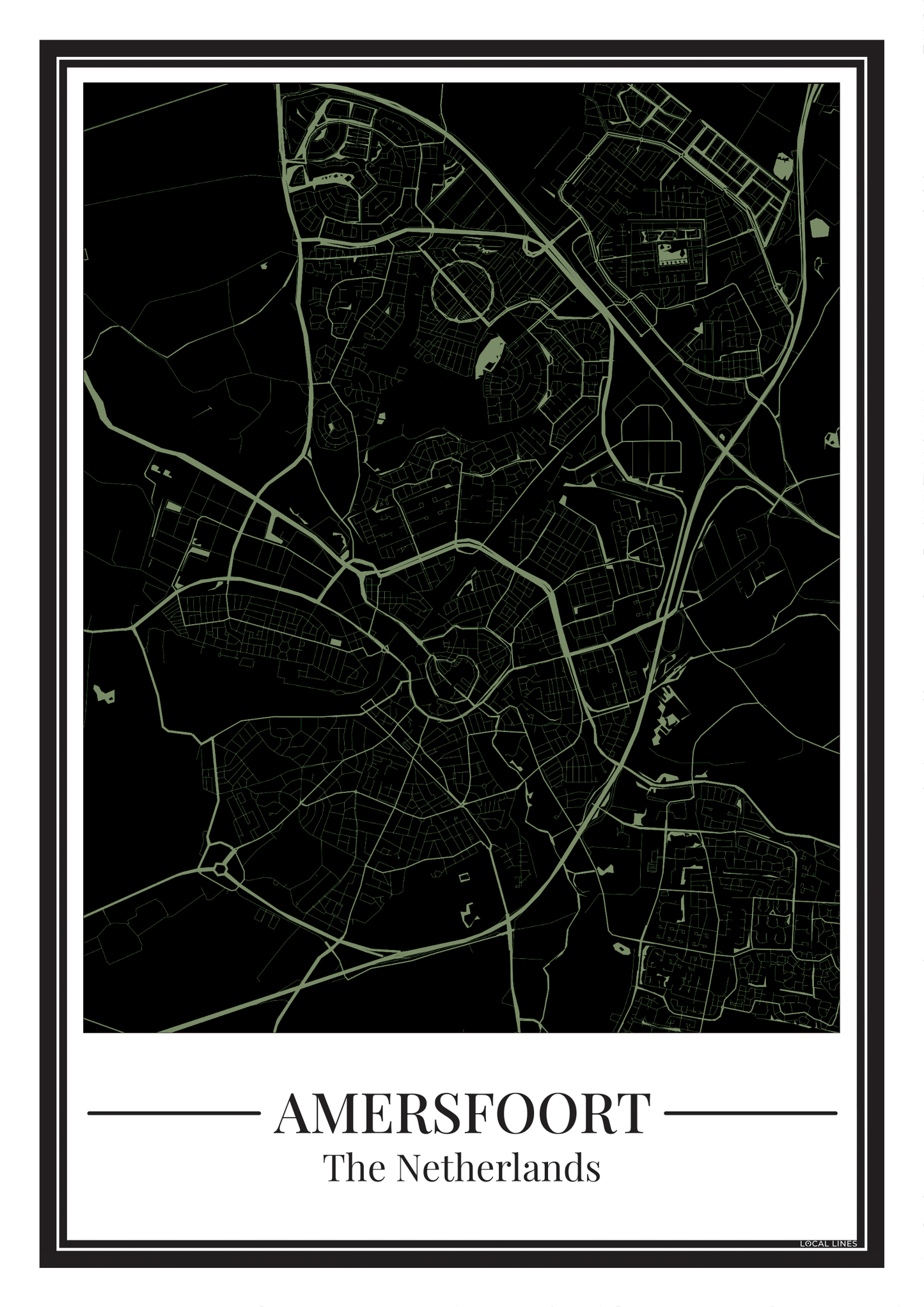 Poster van Amersfoort met stadskaart in zwart met groen