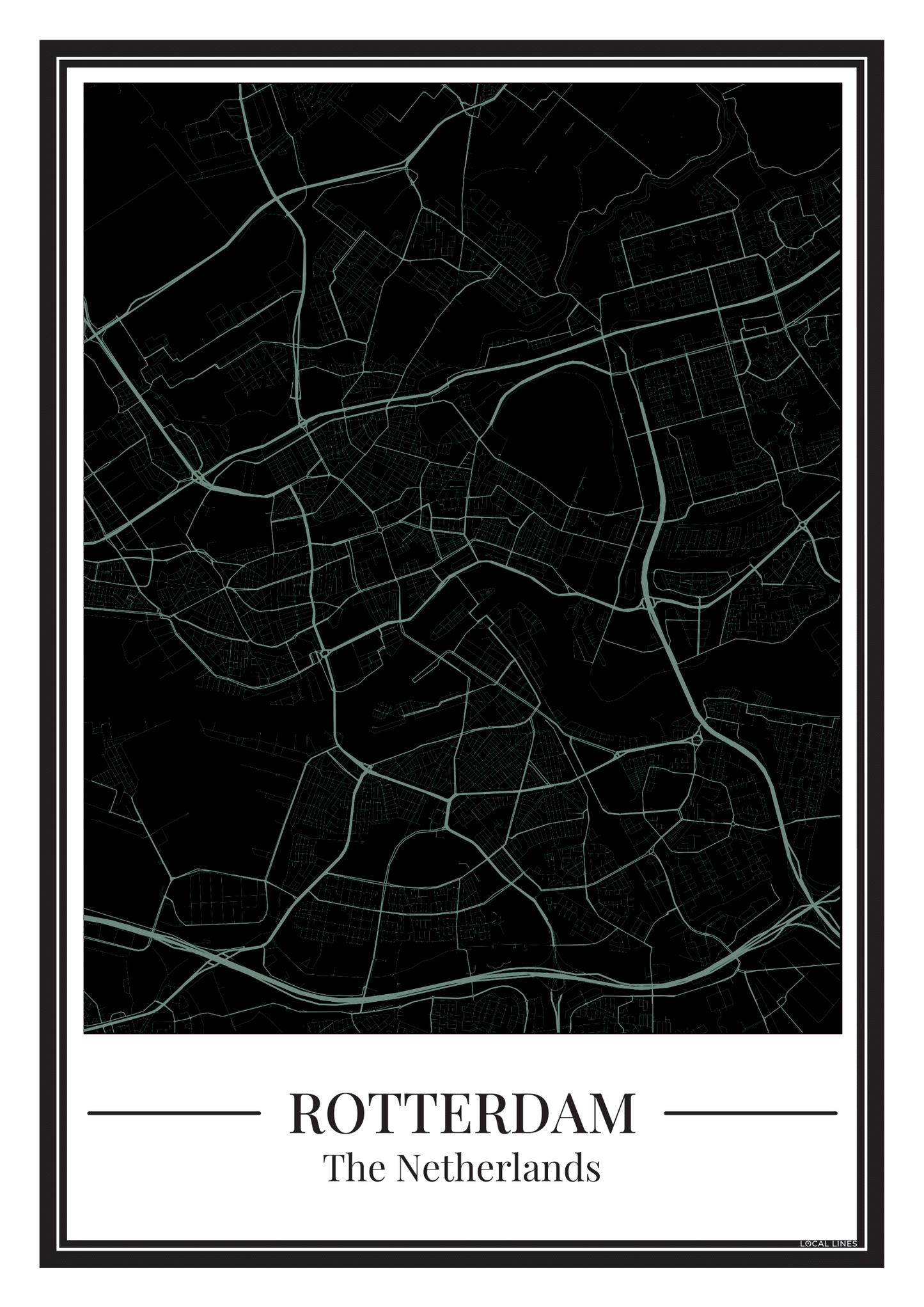 Poster van Rotterdam met stadskaart in zwart met blauw