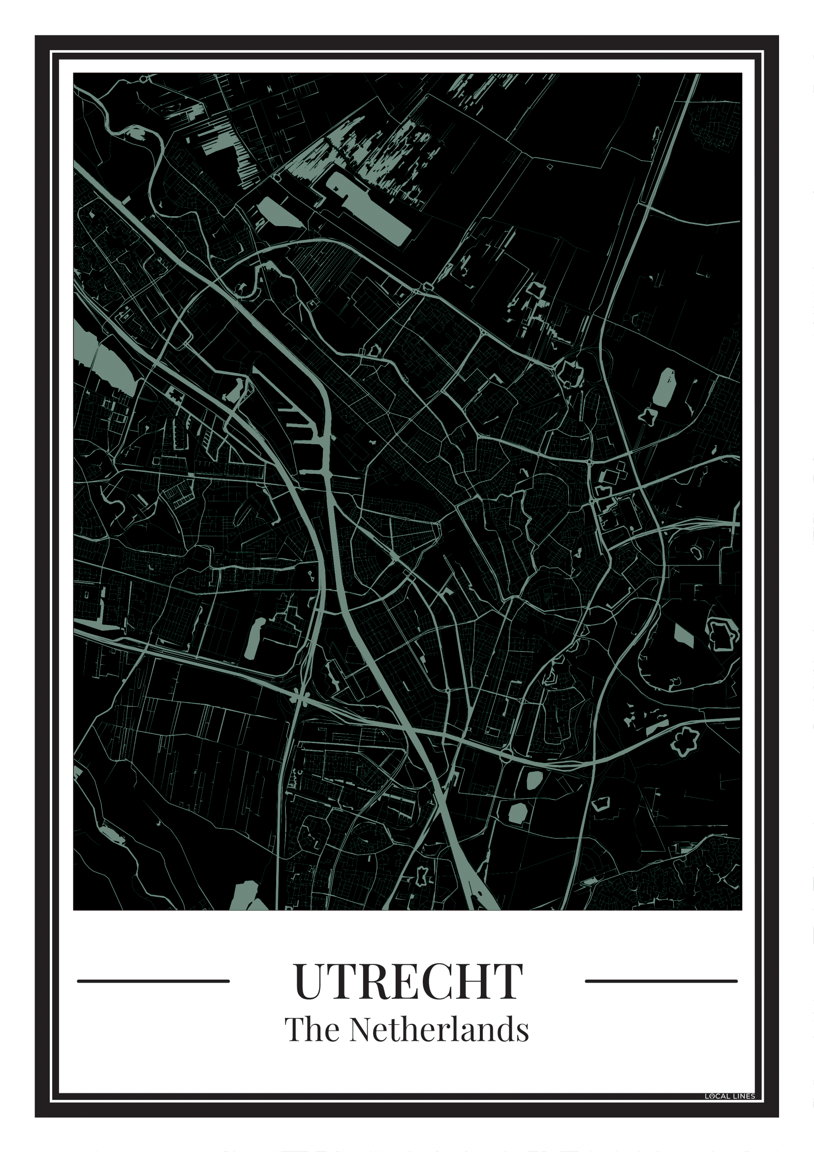 Poster van Utrecht Stadskaart in zwart met blauw
