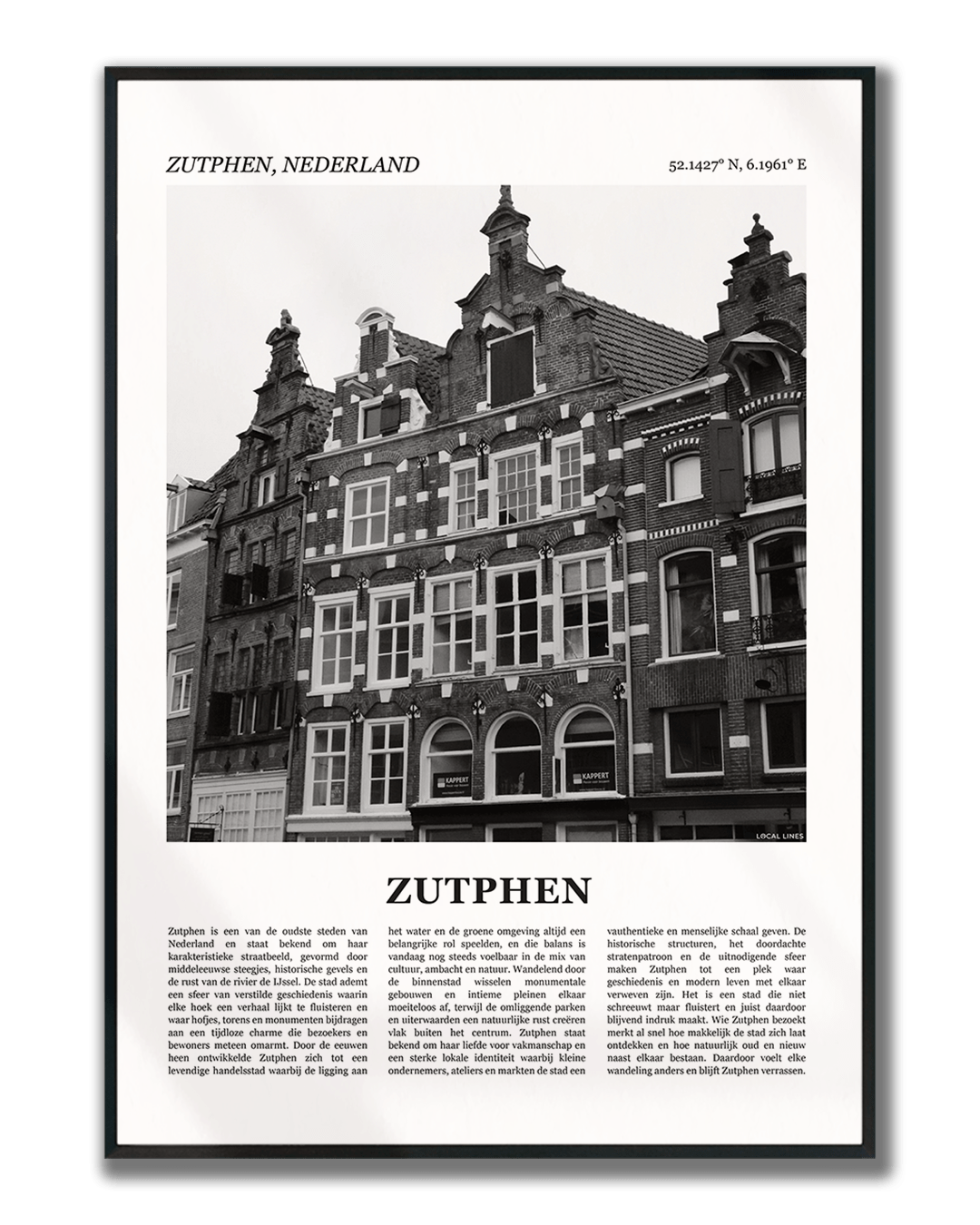 Poster Zutphen met Foto van Stad en Tekst voor Wanddecoratie