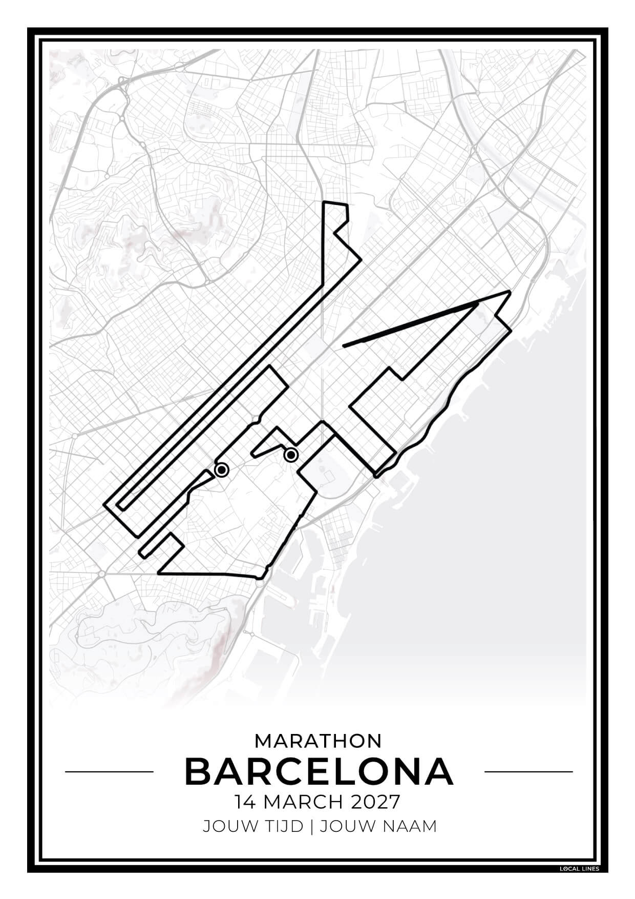 Marathon Barcelona routekaart print - herinnering Spaanse marathon