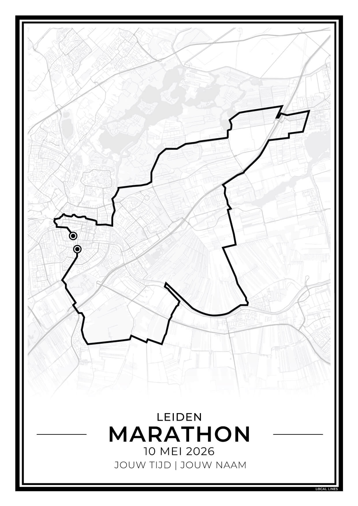 Marathon Leiden routekaart print - origineel cadeau voor loper