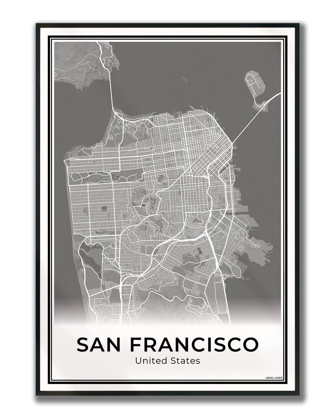 San Francisco Stadskaart – Poster - Dark ingelijst