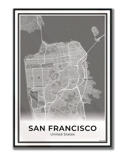 San Francisco Stadskaart – Poster - Dark ingelijst