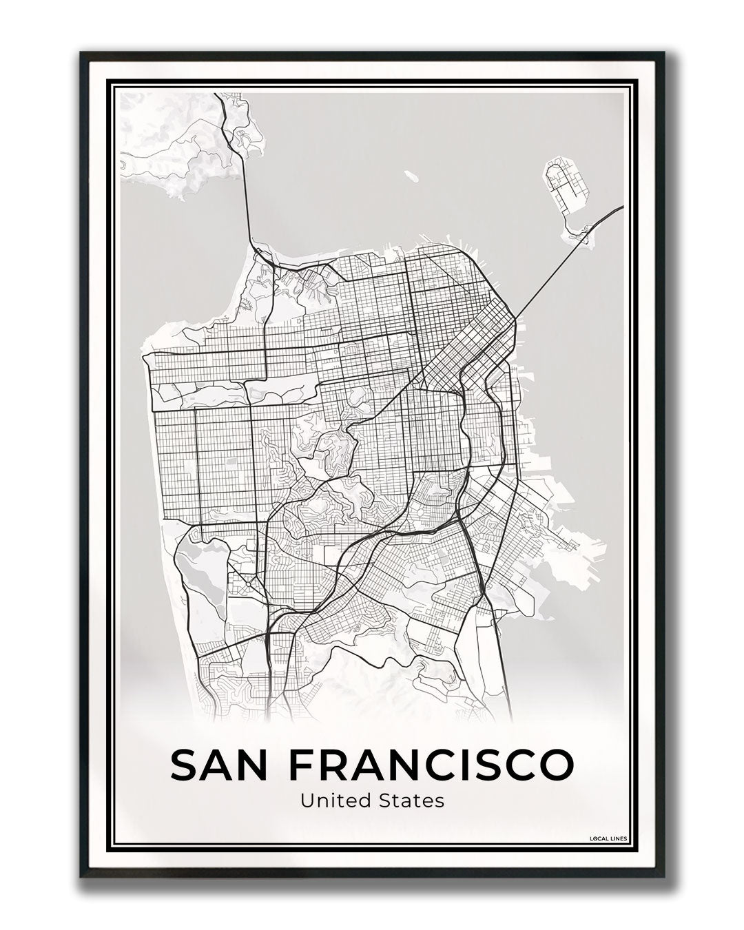San Francisco Stadskaart – Poster - Light ingelijst