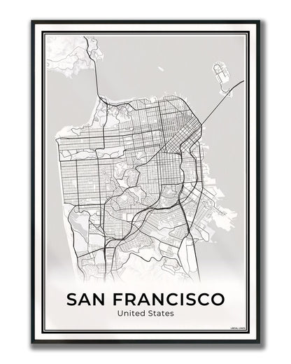San Francisco Stadskaart – Poster - Light ingelijst
