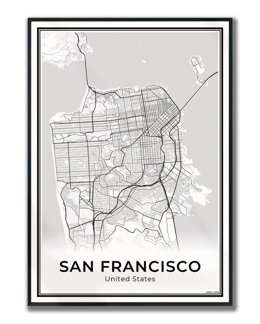 San Francisco Stadskaart – Poster - Light ingelijst