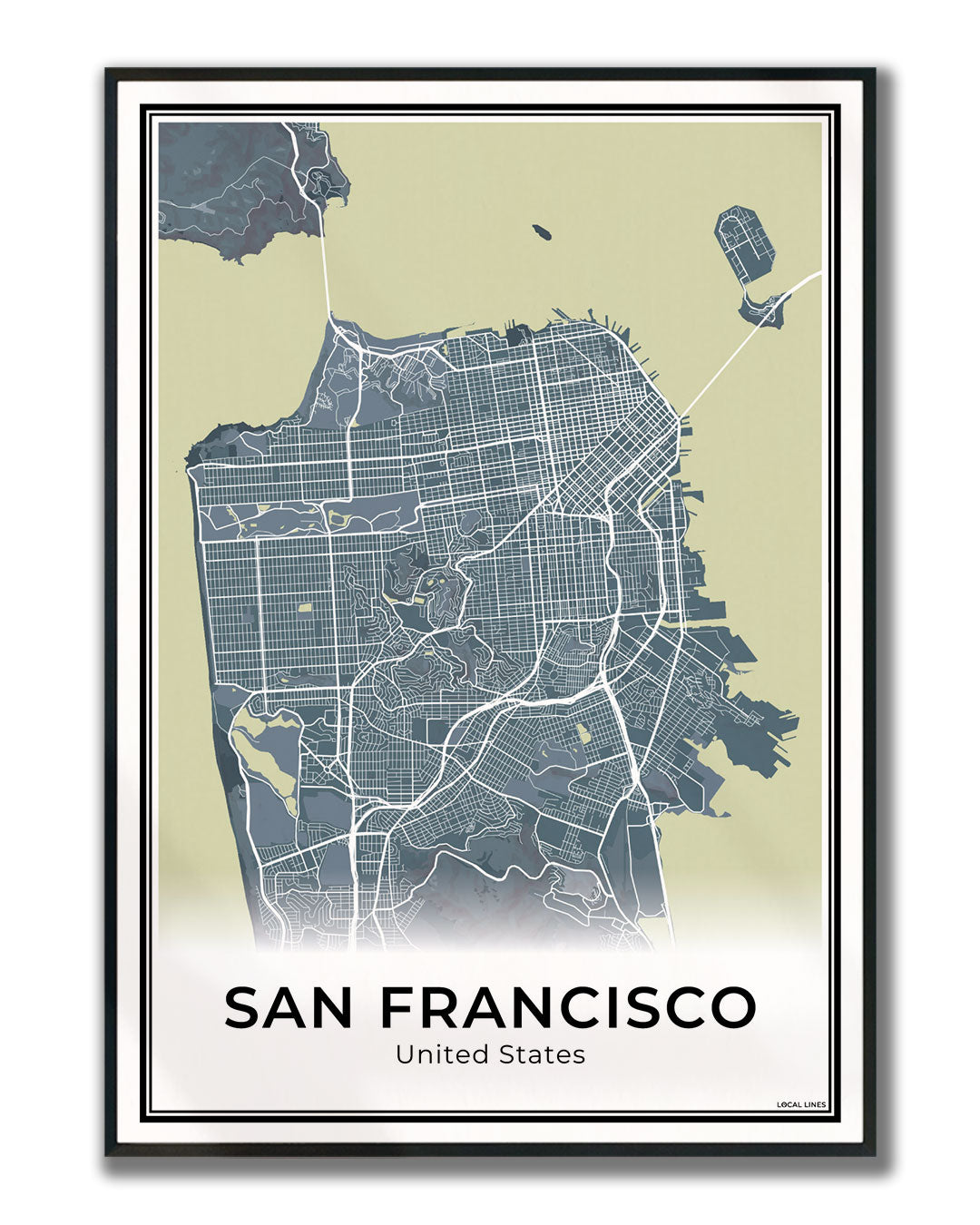 San Francisco Stadskaart – Poster - Midnight ingelijst